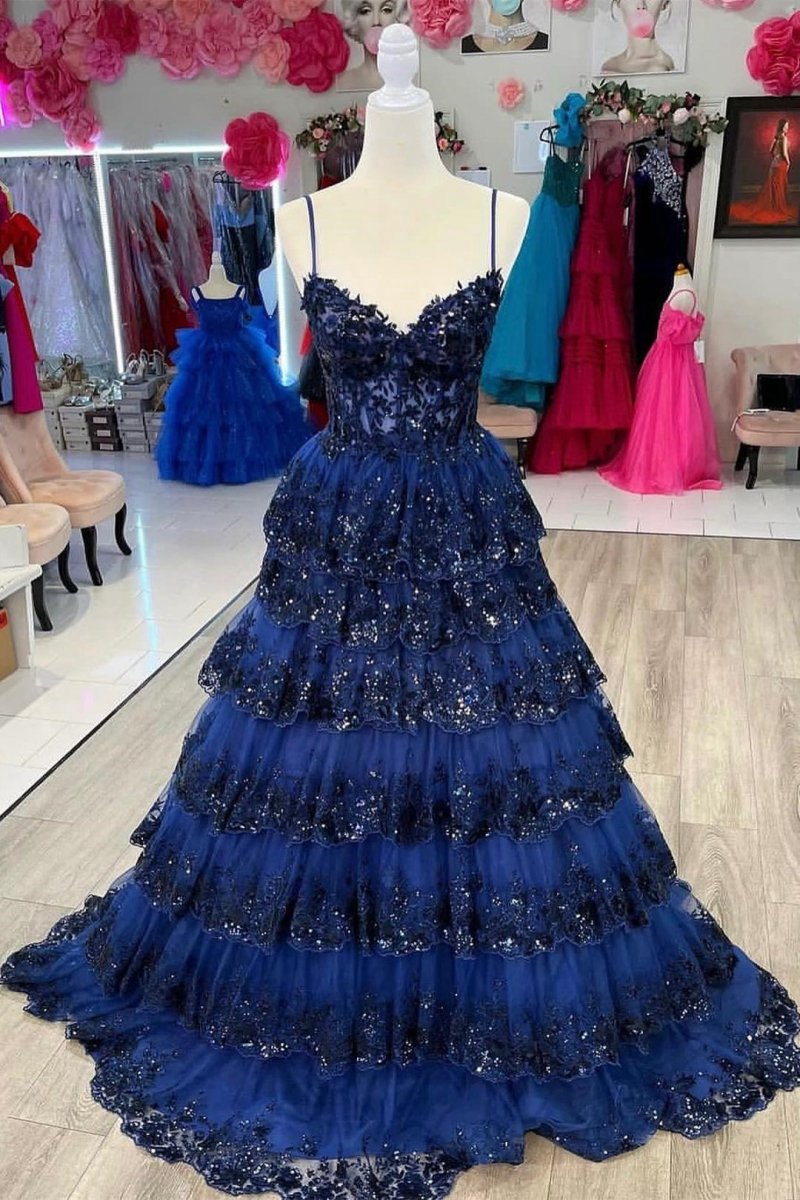 A-line Spaghetti Straps Tie Lace Prom Dresses