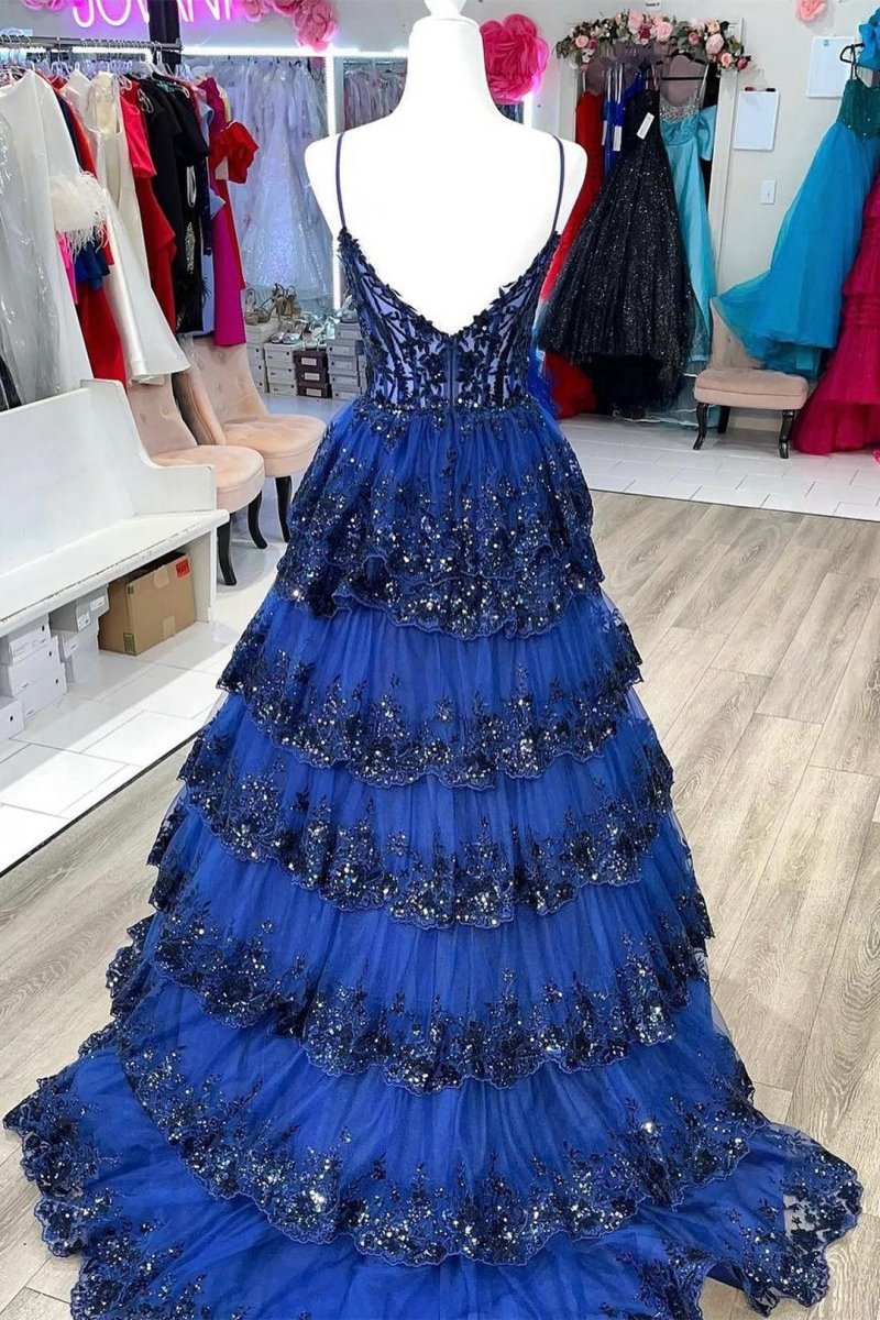 A-line Spaghetti Straps Tie Lace Prom Dresses