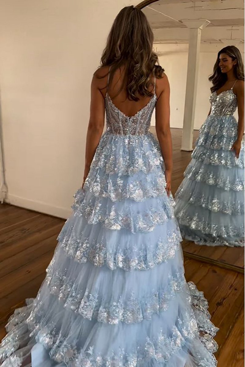 A-line Spaghetti Straps Tie Lace Prom Dresses