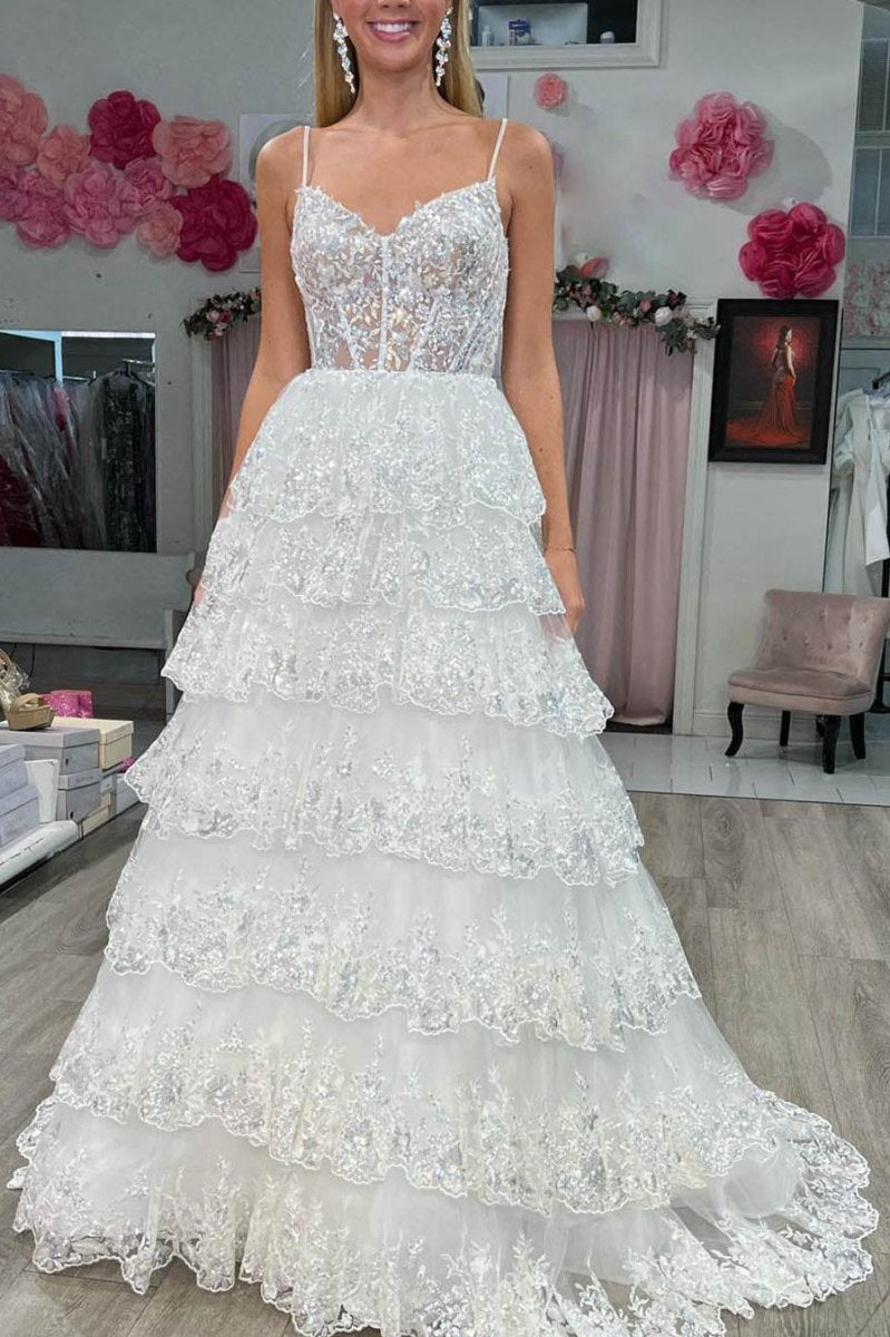 A-line Spaghetti Straps Tie Lace Prom Dresses