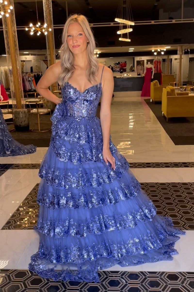 A-line Spaghetti Straps Tie Lace Prom Dresses