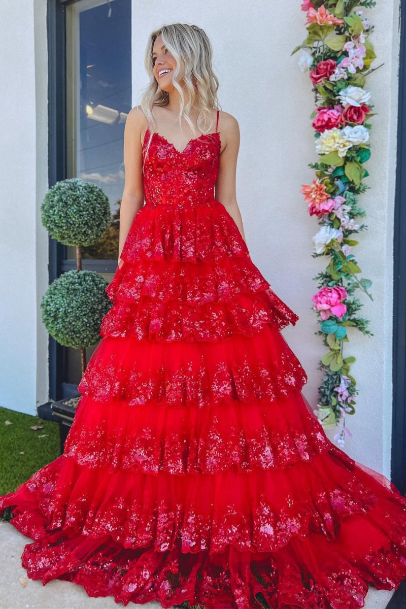 A-line Spaghetti Straps Tie Lace Prom Dresses