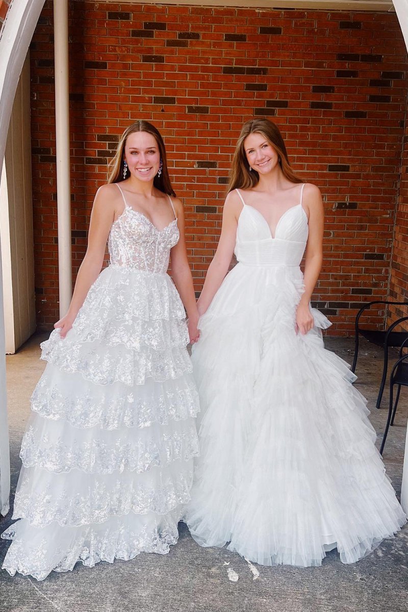 A-line Spaghetti Straps Tie Lace Prom Dresses