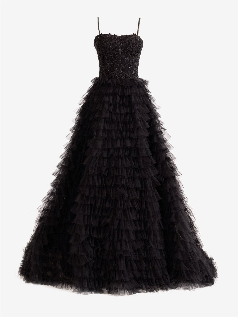 A-line Tie Sequins Tulle Long Prom Dresses