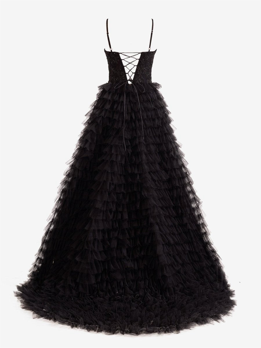 A-line Tie Sequins Tulle Long Prom Dresses