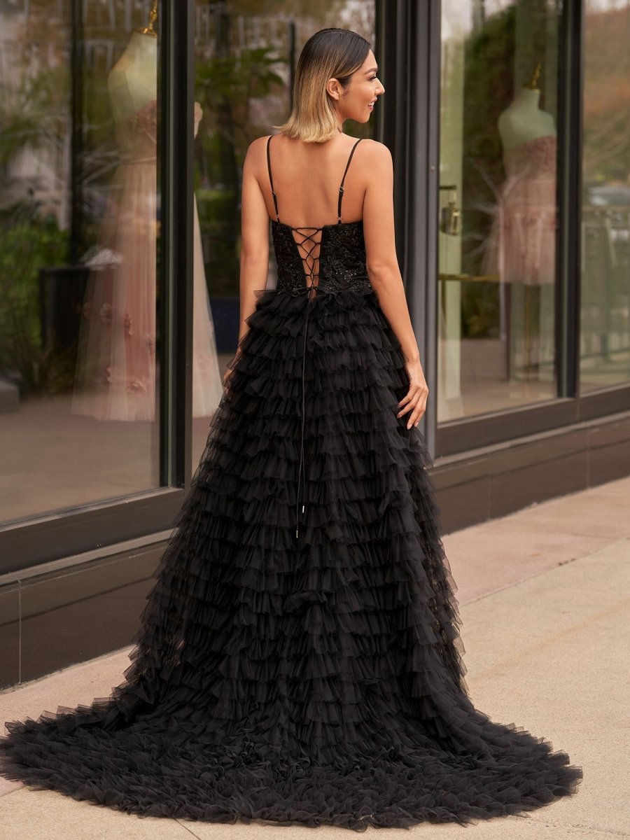 A-line Tie Sequins Tulle Long Prom Dresses