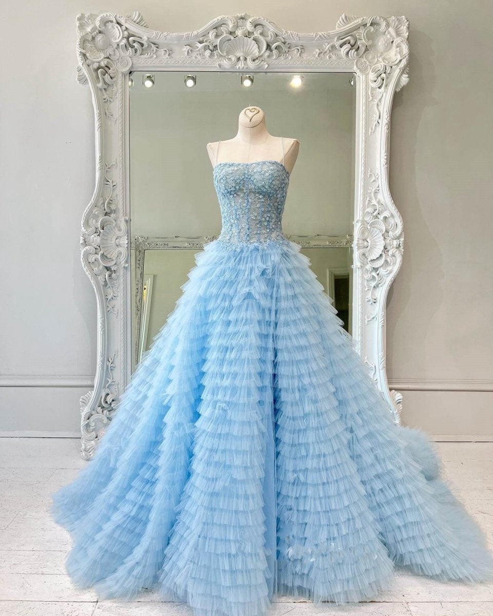 A-line Tie Sequins Tulle Long Prom Dresses