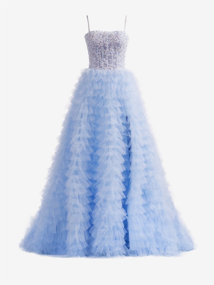 A-line Tie Sequins Tulle Long Prom Dresses