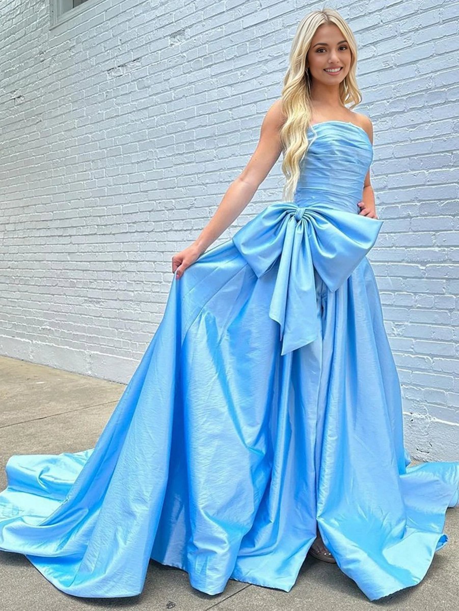 A-line Strapless Taffeta Long Prom Dresses with Slit