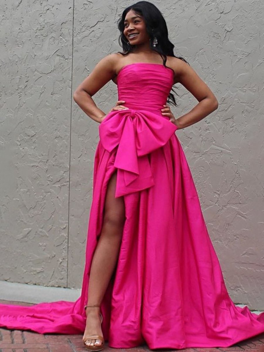 A-line Strapless Taffeta Long Prom Dresses with Slit