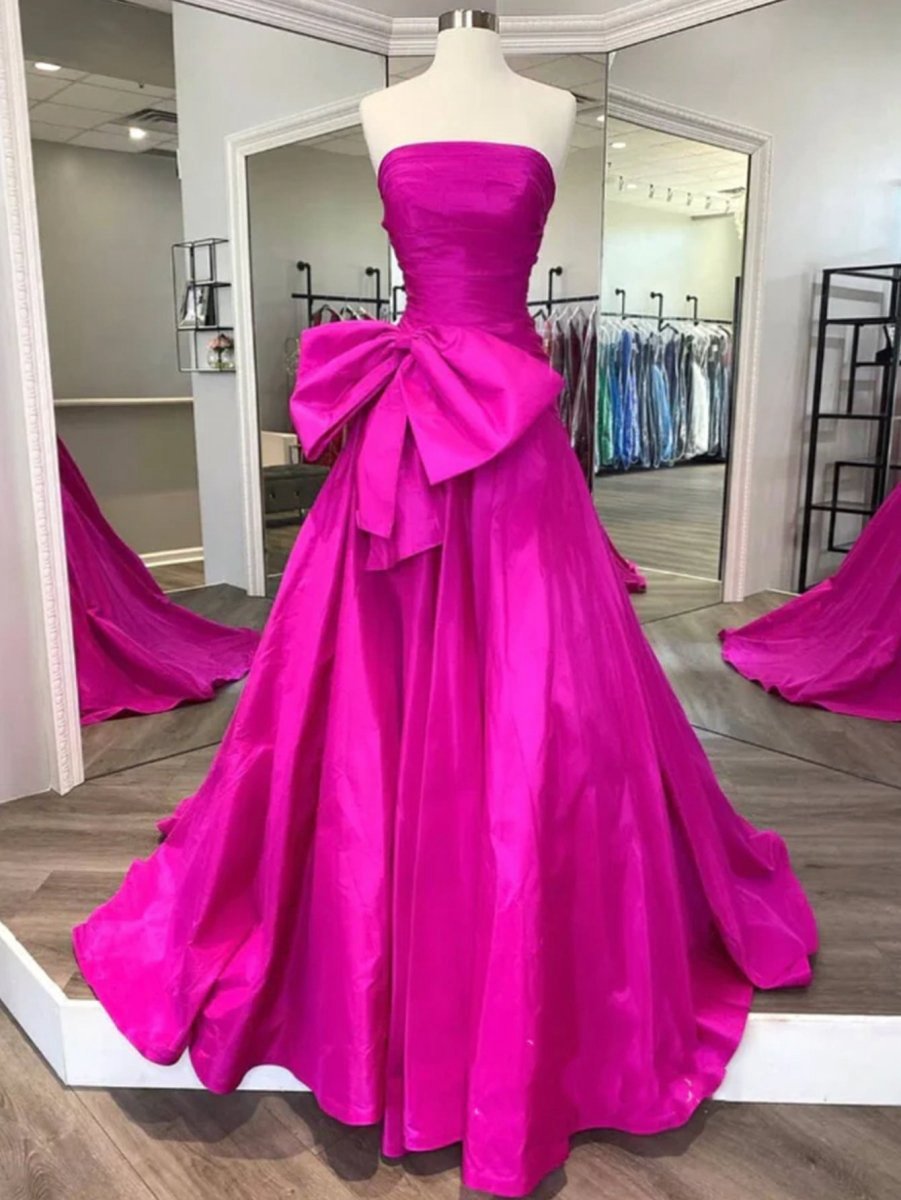 A-line Strapless Taffeta Long Prom Dresses with Slit