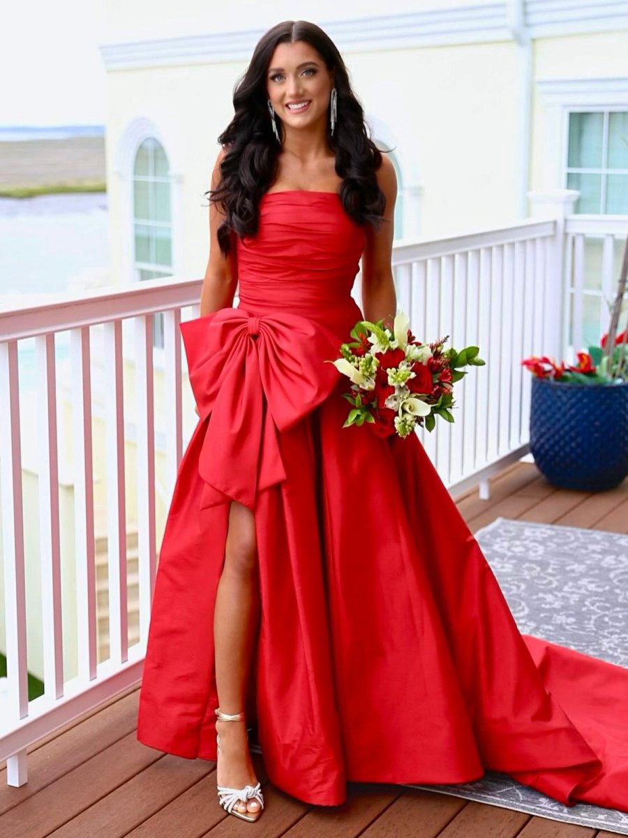 A-line Strapless Taffeta Long Prom Dresses with Slit