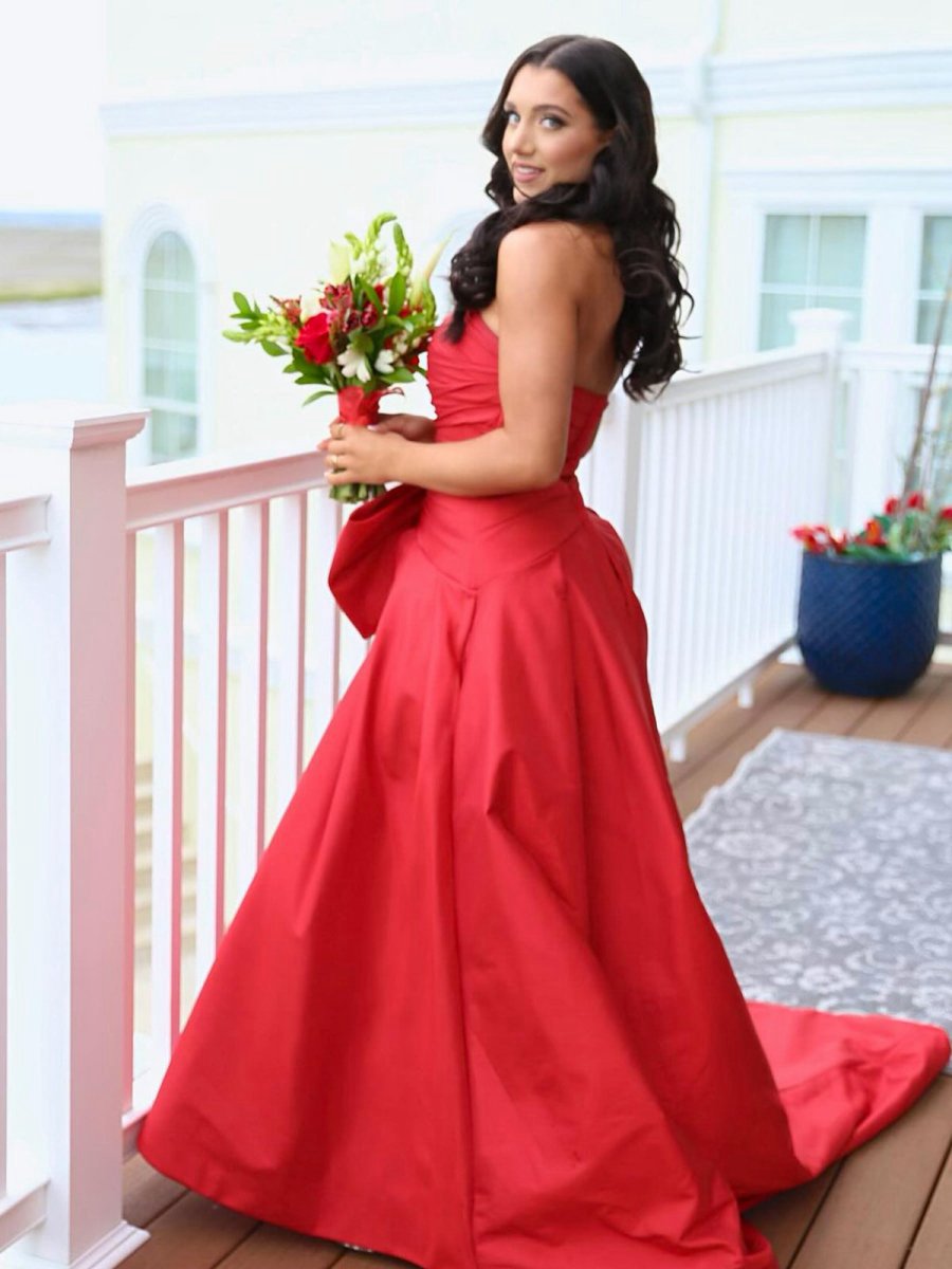 A-line Strapless Taffeta Long Prom Dresses with Slit