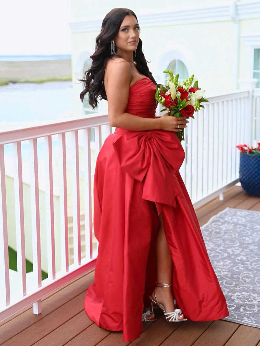 A-line Strapless Taffeta Long Prom Dresses with Slit