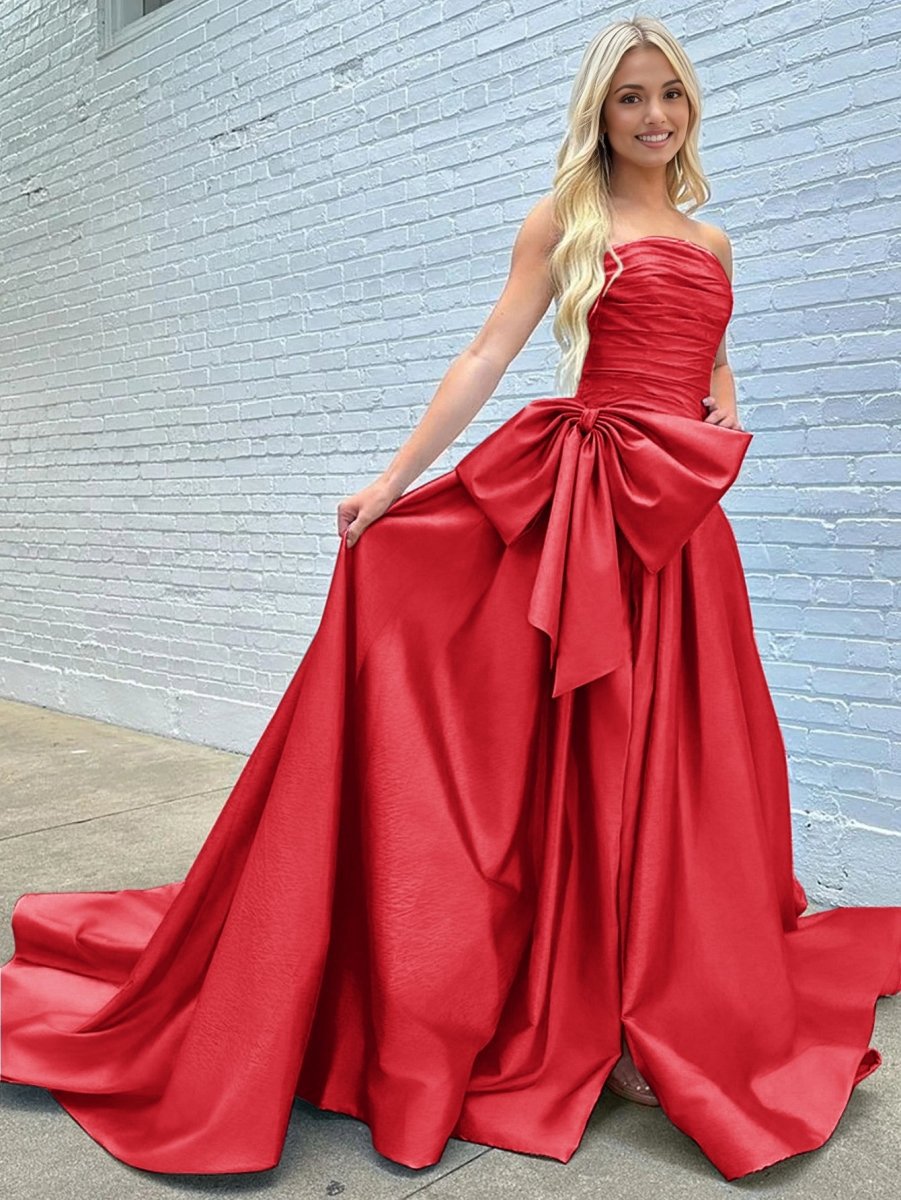 A-line Strapless Taffeta Long Prom Dresses with Slit