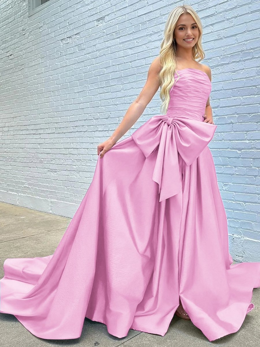 A-line Strapless Taffeta Long Prom Dresses with Slit