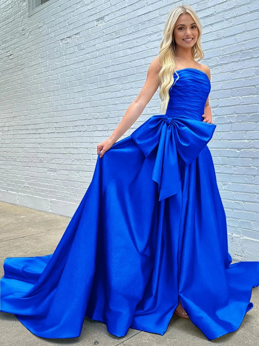 A-line Strapless Taffeta Long Prom Dresses with Slit