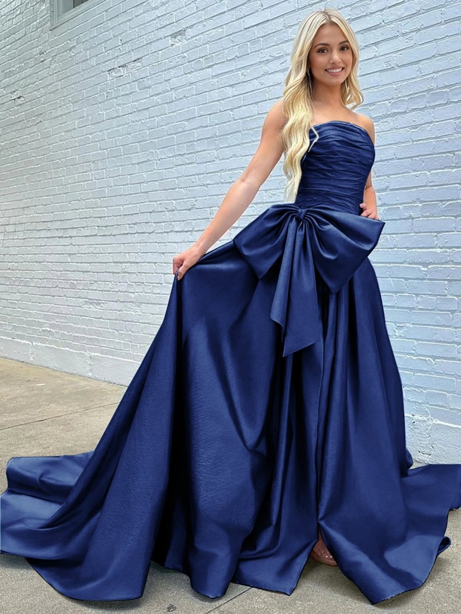 A-line Strapless Taffeta Long Prom Dresses with Slit