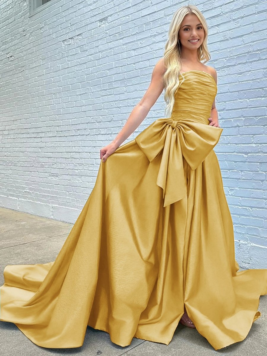 A-line Strapless Taffeta Long Prom Dresses with Slit