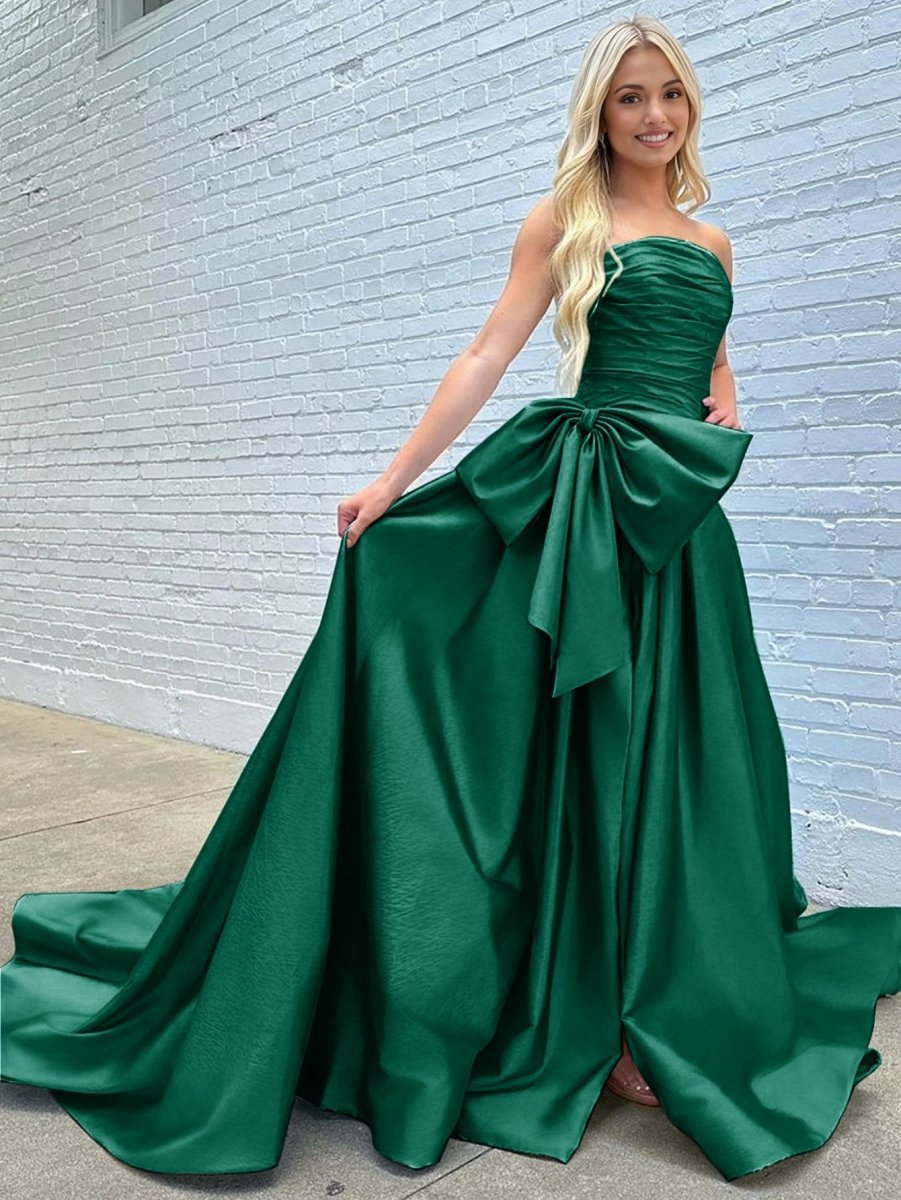 A-line Strapless Taffeta Long Prom Dresses with Slit