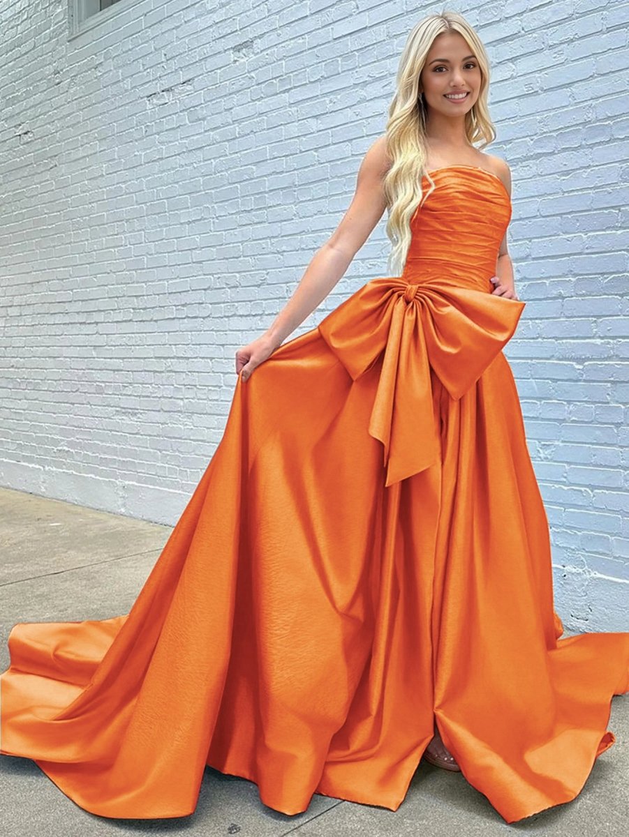 A-line Strapless Taffeta Long Prom Dresses with Slit