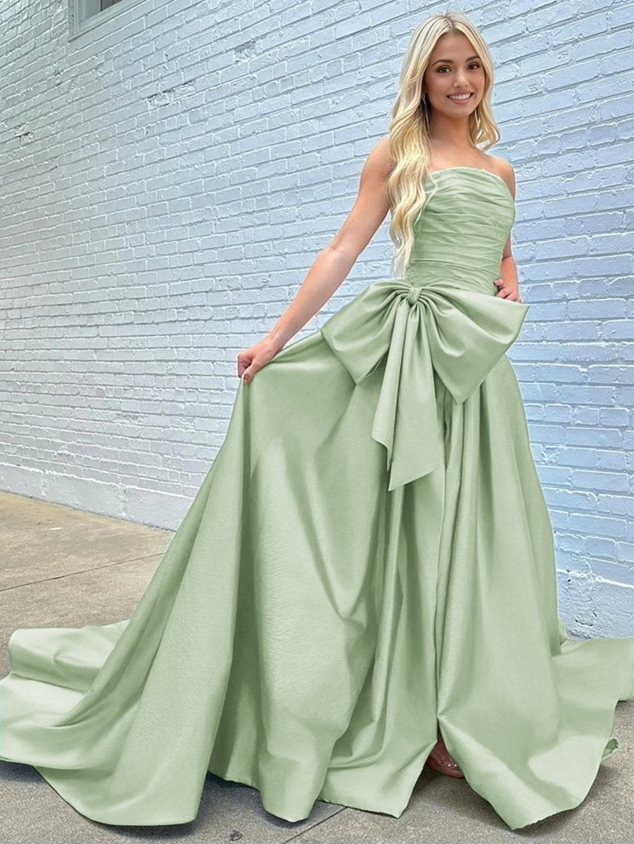 A-line Strapless Taffeta Long Prom Dresses with Slit