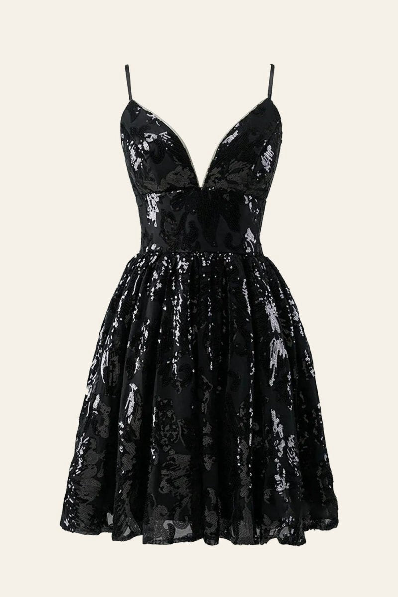 A-line Spaghetti Straps V Neck Lace Homecoming Dresses