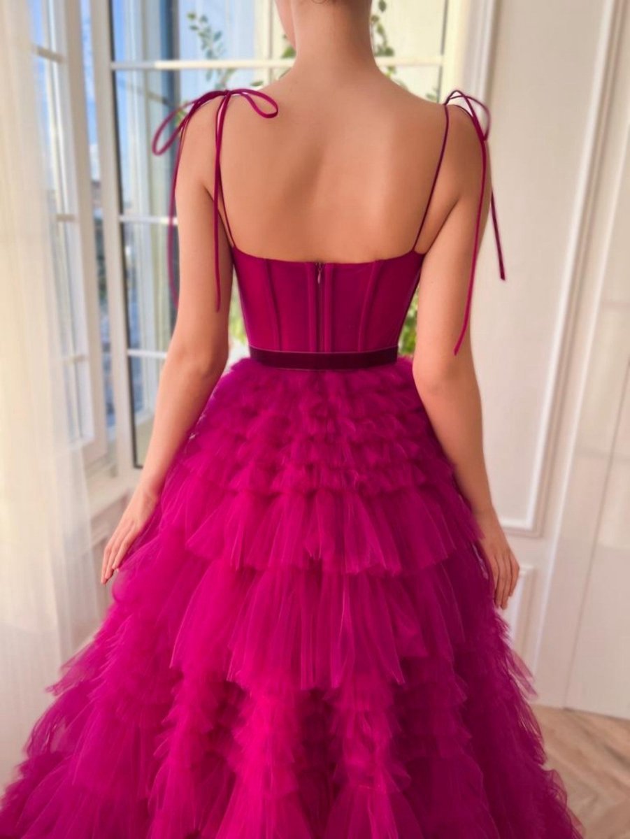 A-line Strapless Tie Long Tulle Prom Dresses