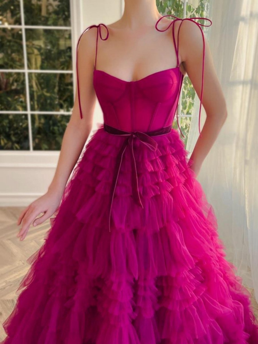 A-line Strapless Tie Long Tulle Prom Dresses