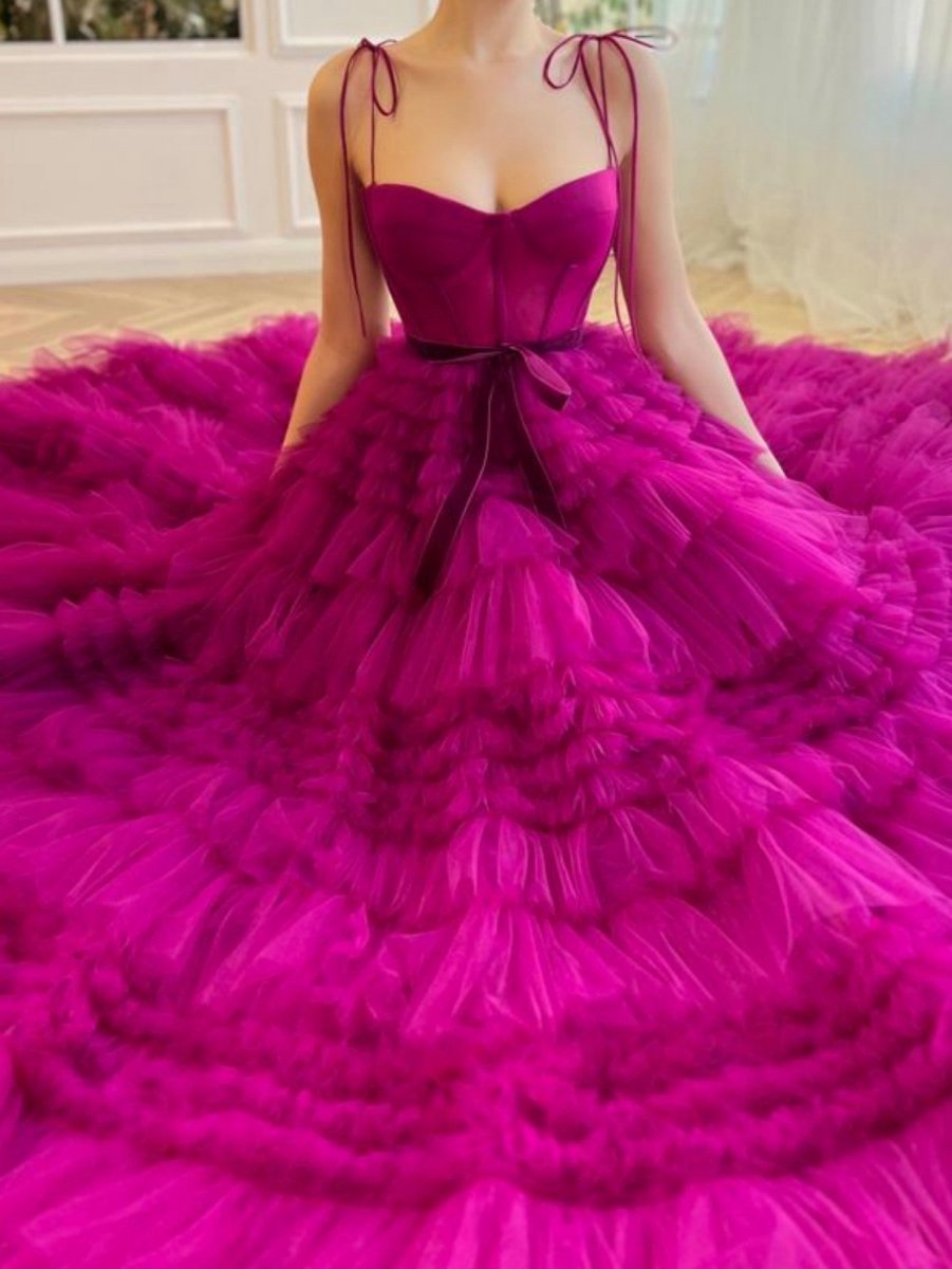 A-line Strapless Tie Long Tulle Prom Dresses