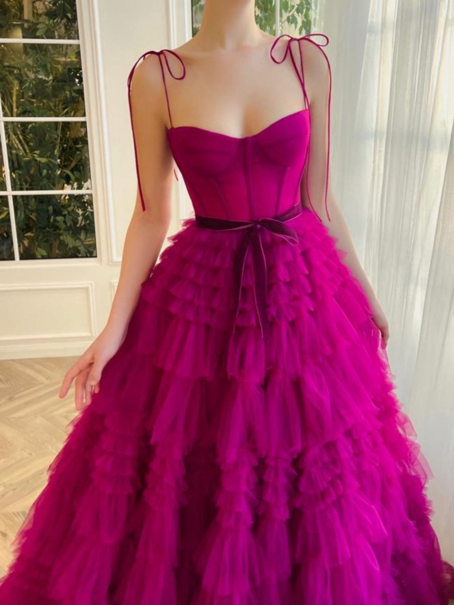 A-line Strapless Tie Long Tulle Prom Dresses