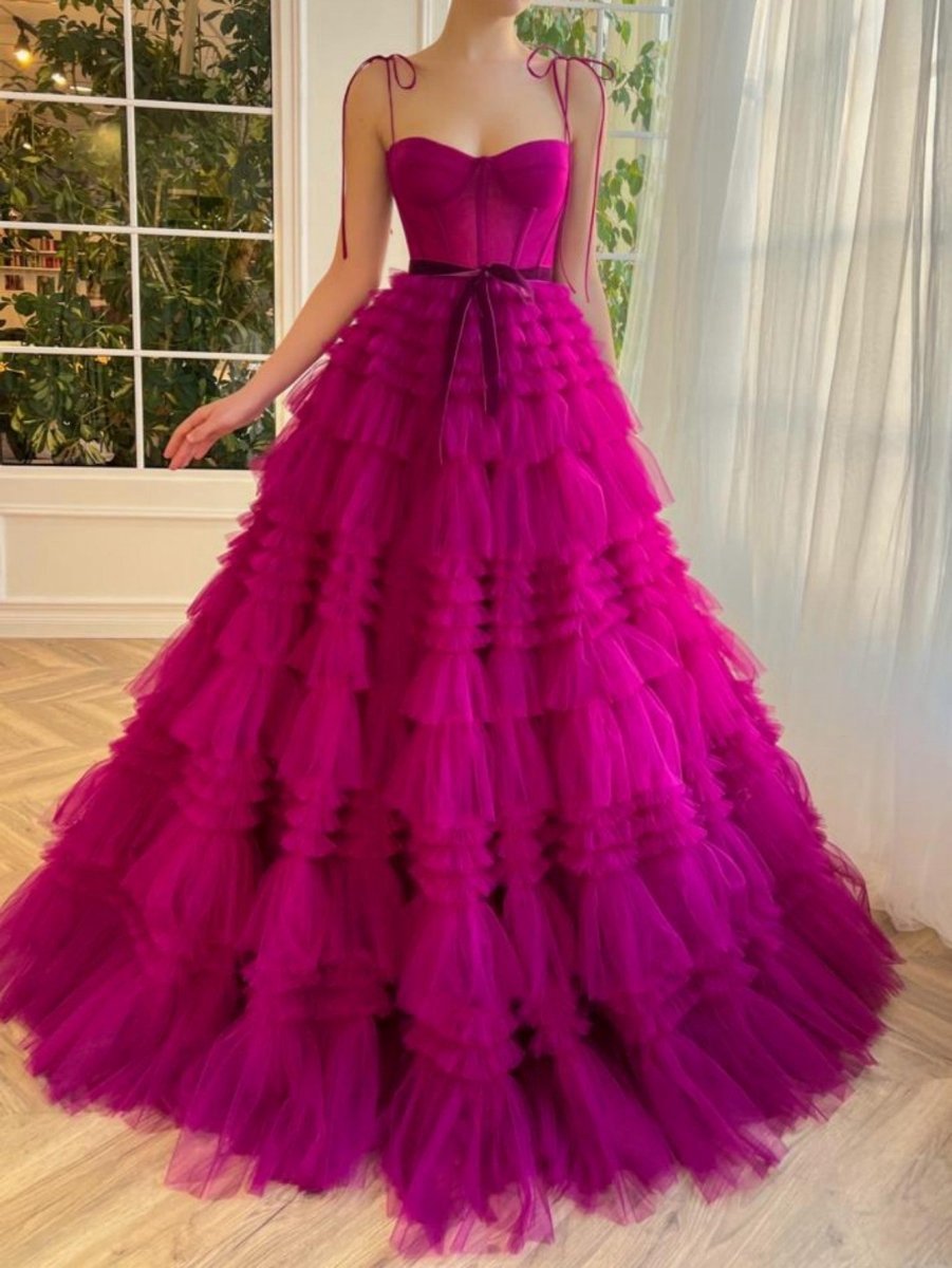 A-line Strapless Tie Long Tulle Prom Dresses