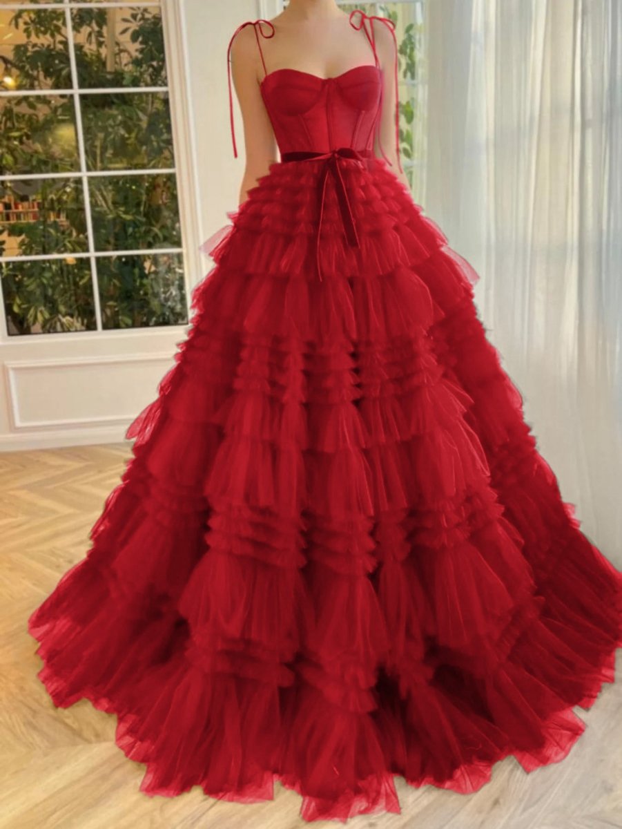 A-line Strapless Tie Long Tulle Prom Dresses