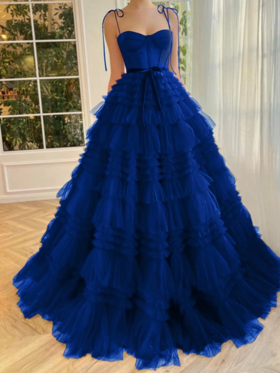 A-line Strapless Tie Long Tulle Prom Dresses