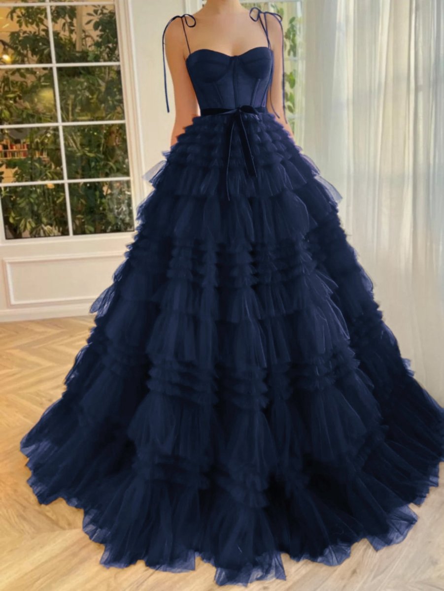 A-line Strapless Tie Long Tulle Prom Dresses