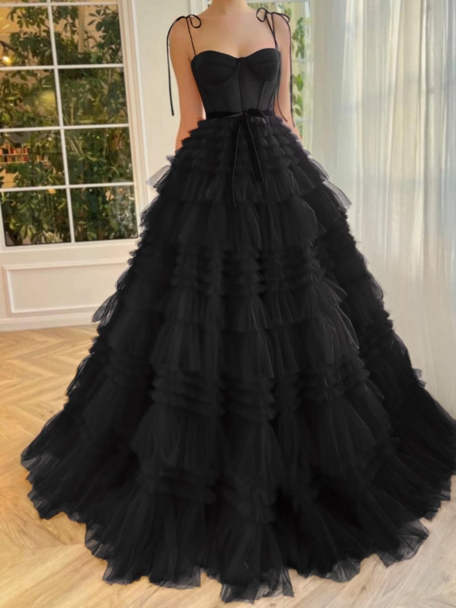 A-line Strapless Tie Long Tulle Prom Dresses