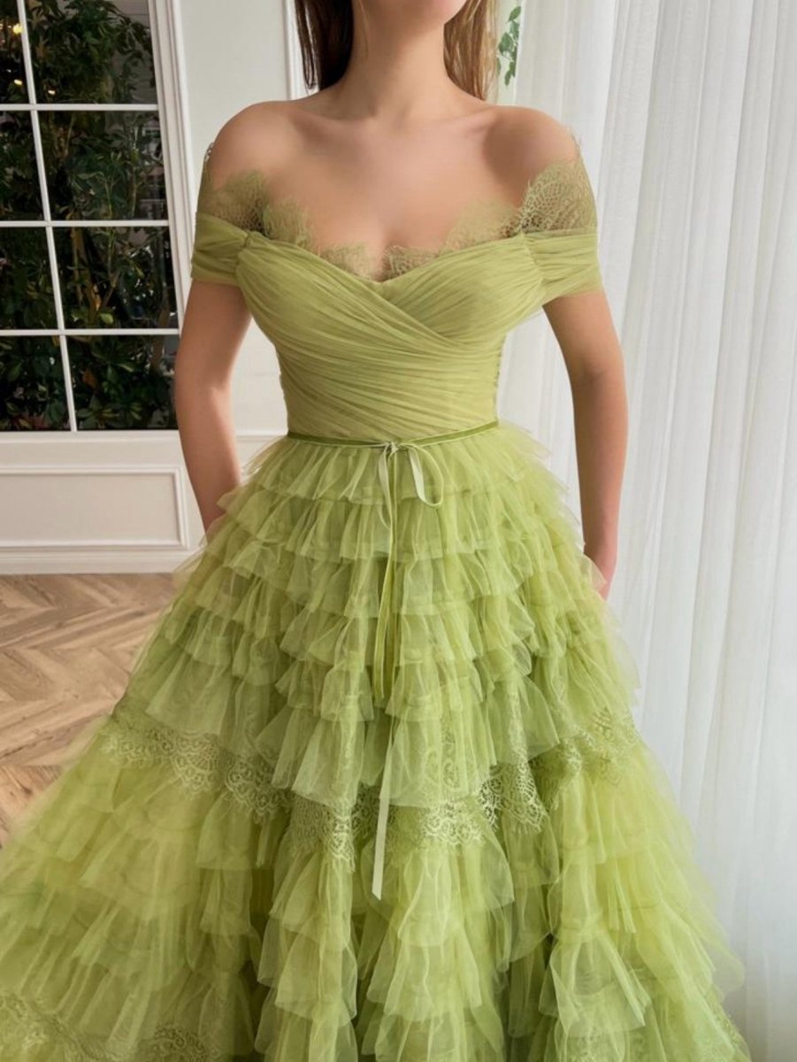 A-line Off the Shoulder Tulle Prom Dresses
