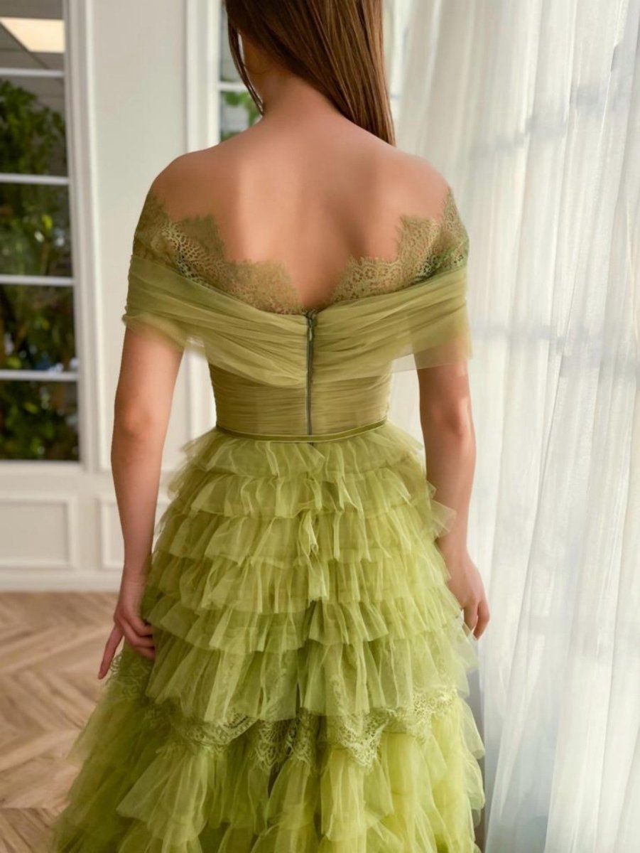 A-line Off the Shoulder Tulle Prom Dresses