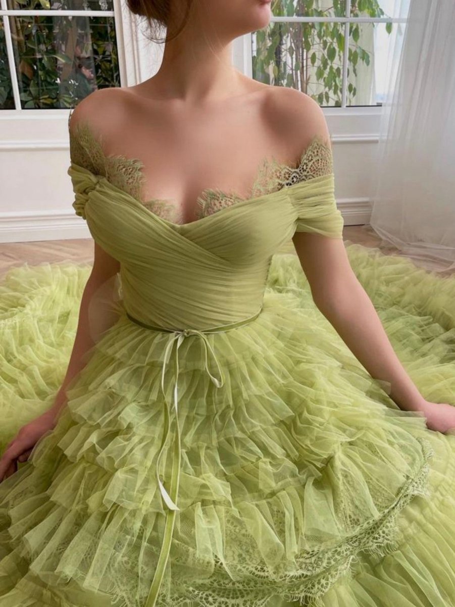 A-line Off the Shoulder Tulle Prom Dresses