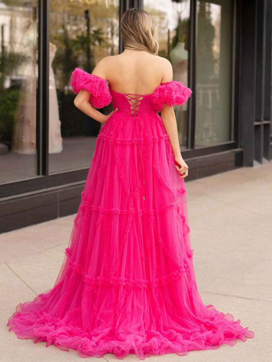 A-line Strapless Ruffles Long Formal Dresses with Puff Sleeves