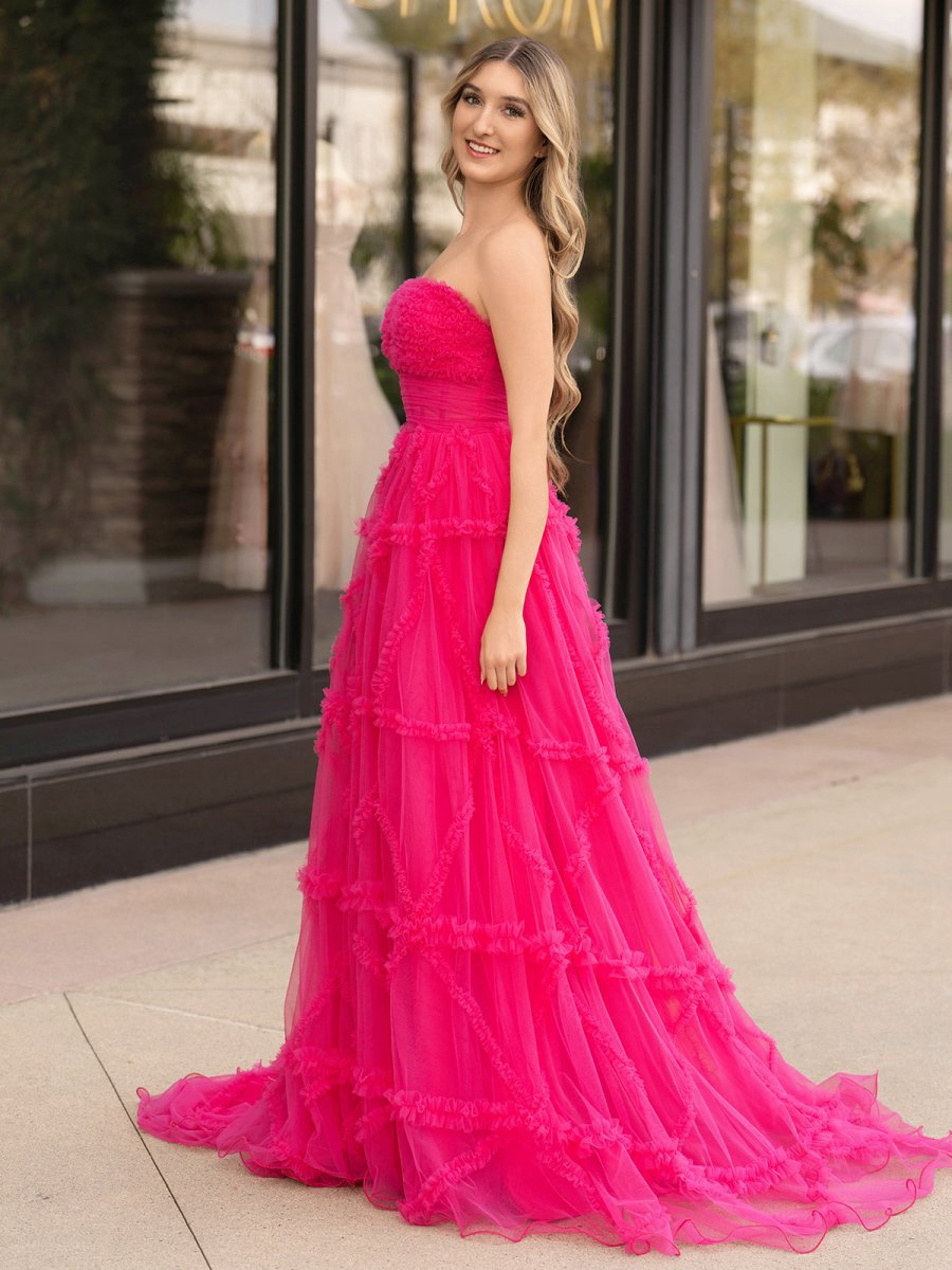 A-line Strapless Ruffles Long Formal Dresses with Puff Sleeves