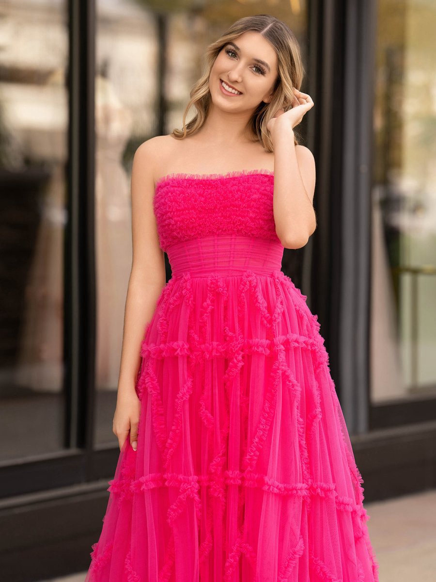 A-line Strapless Ruffles Long Formal Dresses with Puff Sleeves