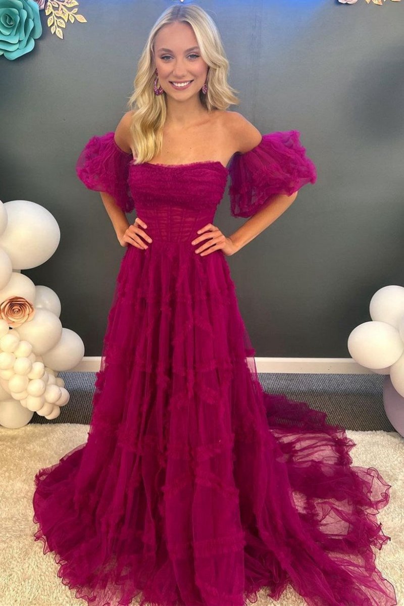 A-line Strapless Ruffles Long Formal Dresses with Puff Sleeves