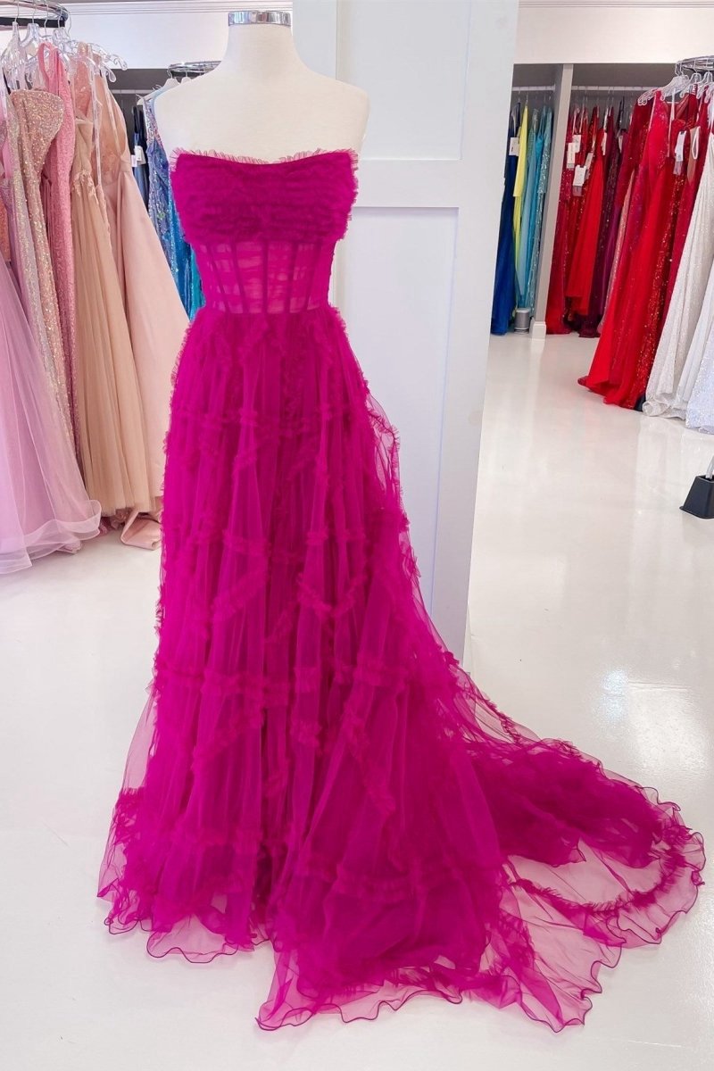 A-line Strapless Ruffles Long Formal Dresses with Puff Sleeves