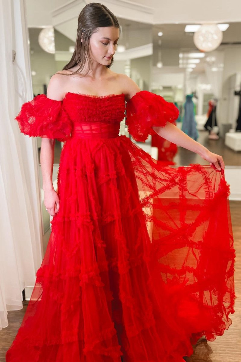 A-line Strapless Ruffles Long Formal Dresses with Puff Sleeves