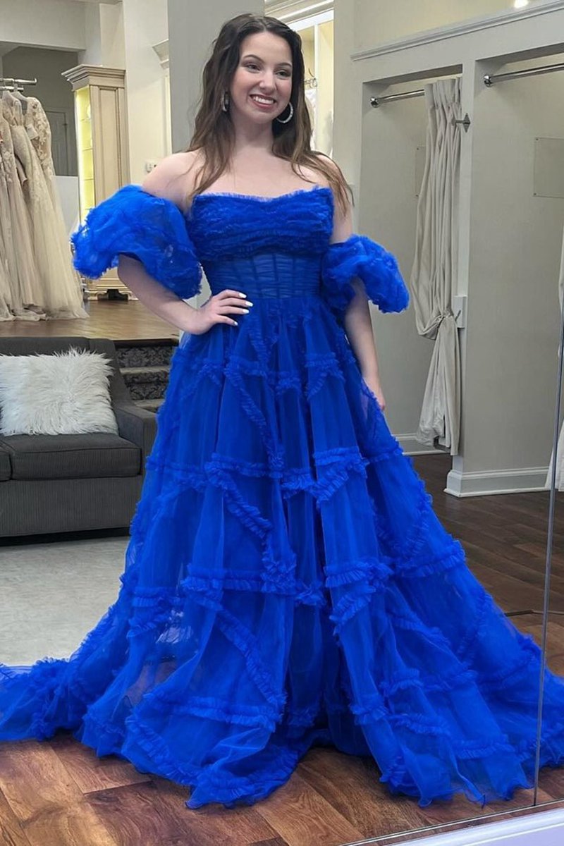 A-line Strapless Ruffles Long Formal Dresses with Puff Sleeves