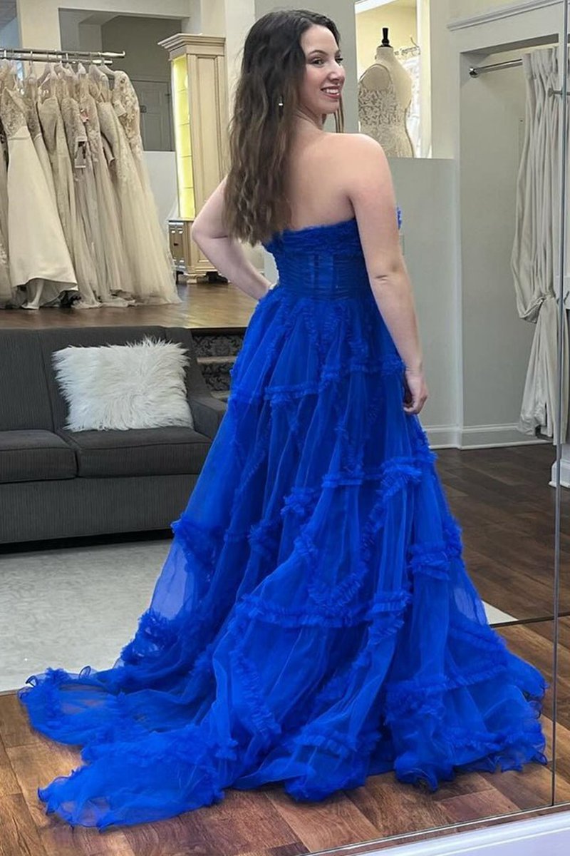 A-line Strapless Ruffles Long Formal Dresses with Puff Sleeves