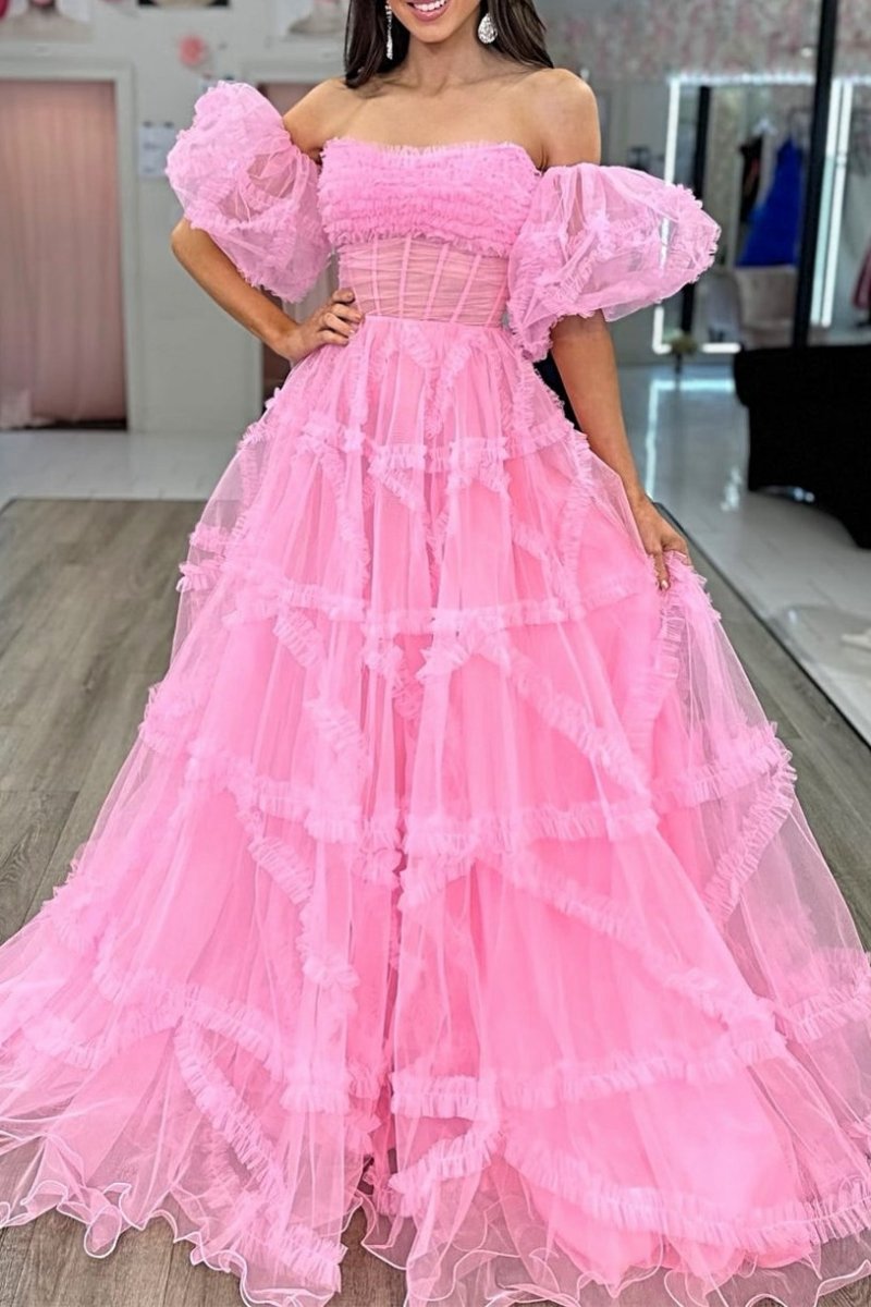 A-line Strapless Ruffles Long Formal Dresses with Puff Sleeves