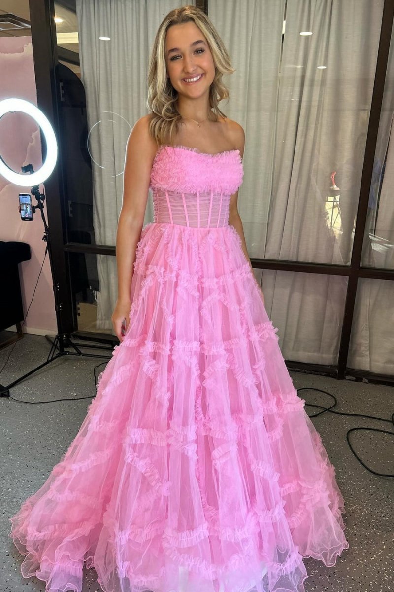 A-line Strapless Ruffles Long Formal Dresses with Puff Sleeves