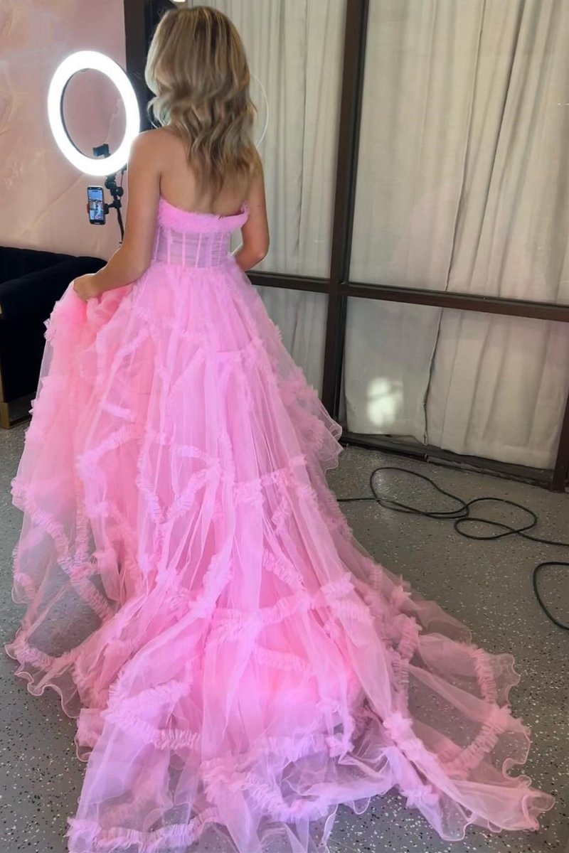 A-line Strapless Ruffles Long Formal Dresses with Puff Sleeves